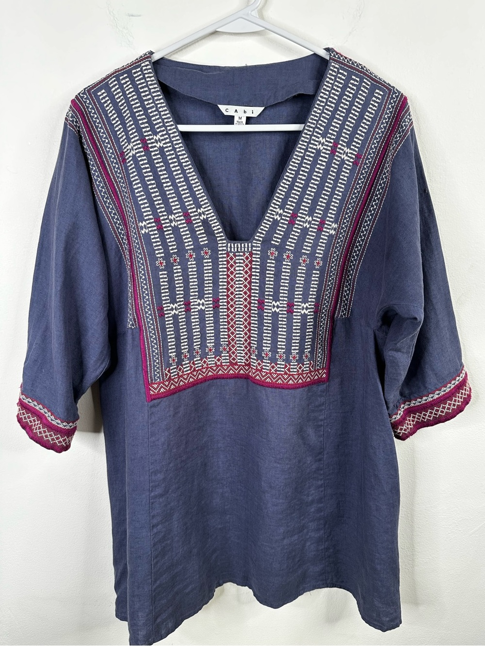 Cabi Linen Tunic Top Womens M Blue Embroidered Breezy Boho Shirt